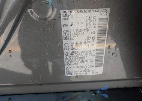 2019 Nissan Rogue Sl z USA, uszkodzony, nr VIN 5N1AT2MV1KC805256